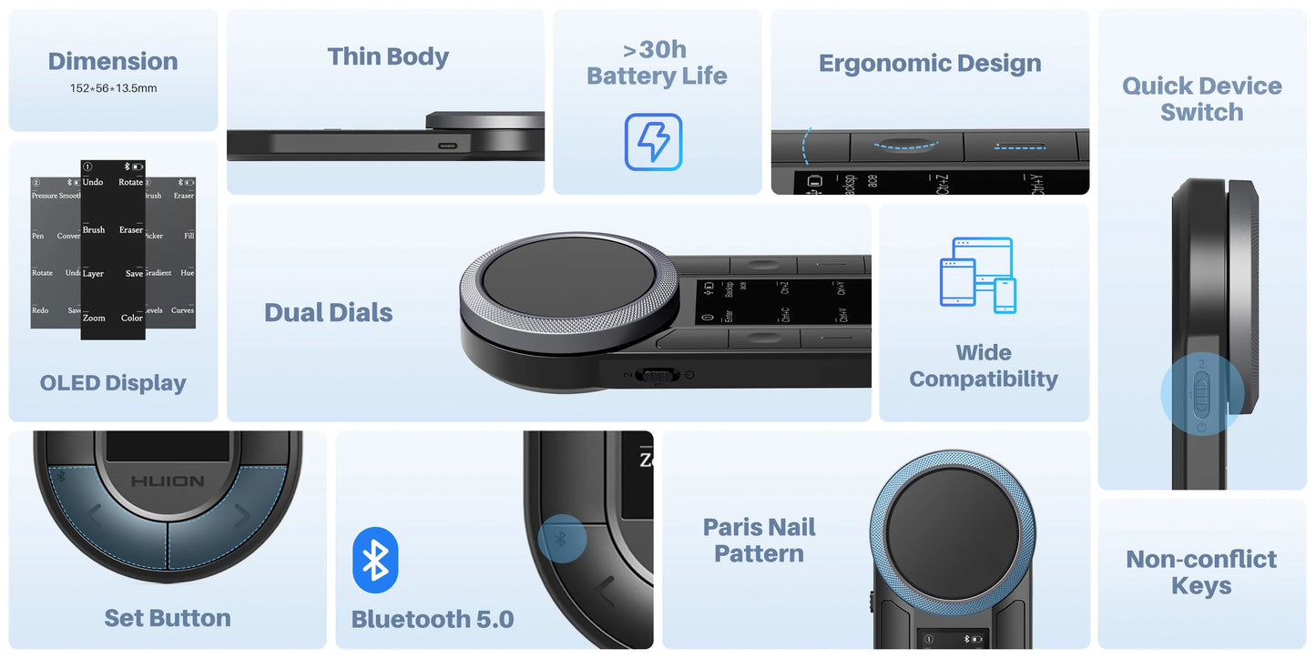 Huion Keydial Remote Mini Wireless Keyboard Dual-dial Controller Bluetooth Connect to Computer Windows macOS iPadOS iOS Android