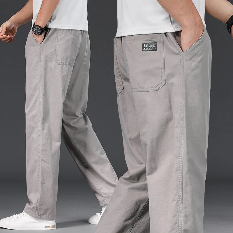 Big Size Mens Casual Pants Relaxed Fit Cotton Trousers Elastic Waist Drawstring Sweatpants Mens Jogger Pants Summer Spring