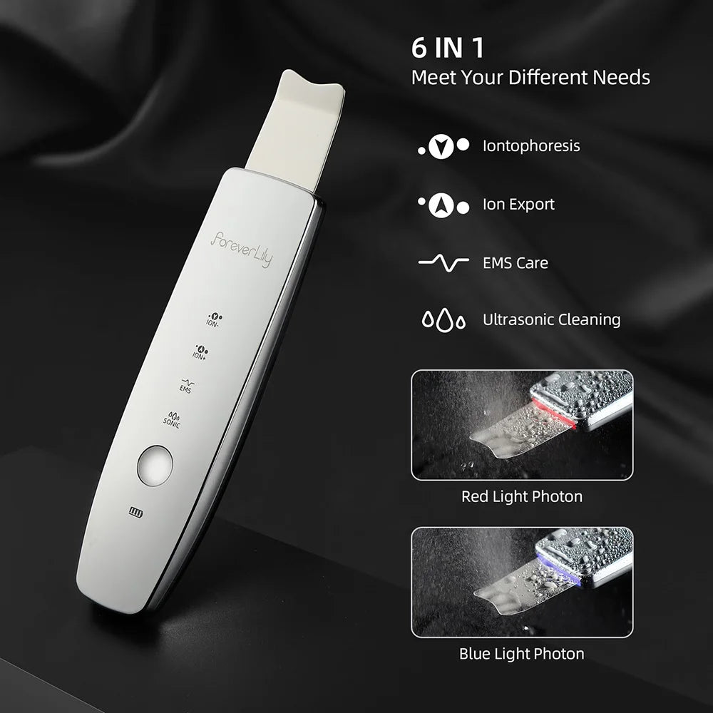 6 in 1 EMS Ultrasonic Skin Scrubber ION LED Photon Skin Lifting Massager Face Spatula Blackhead Remover Facial Deep Cleansing