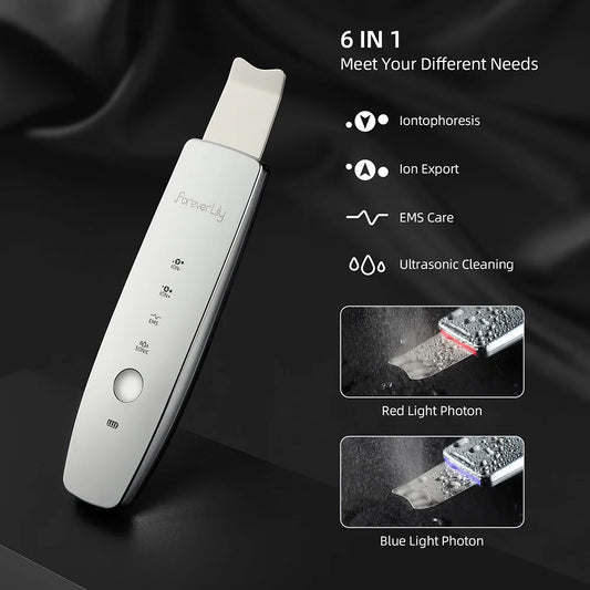 6 in 1 EMS Ultrasonic Skin Scrubber ION LED Photon Skin Lifting Massager Face Spatula Blackhead Remover Facial Deep Cleansing