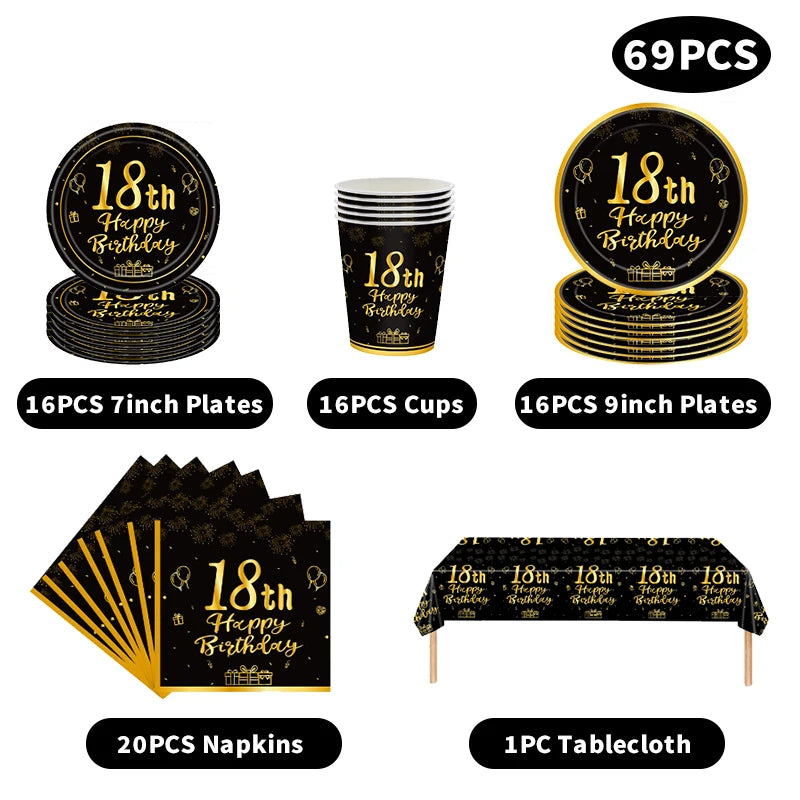 18th Birthday Party Decorations Black Plates Tableware Napkins For Kid Boys Girls Happy Birthday 18th Birthday Balloons Supplies