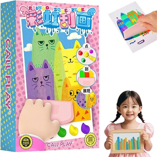 Squeegee Art Kids Paint Kit DIY Painting Rainbow Dot Color Scratch Craft Set Graffiti Scratch Painting Paper with Paint for Kids