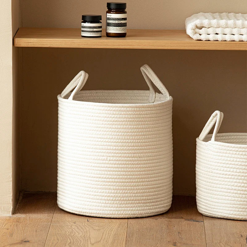 Solid White Laundry Basket Home Organization And Storage Baby Children Toy Storage Baskets Cotton Rope Woven Sundries Organizer