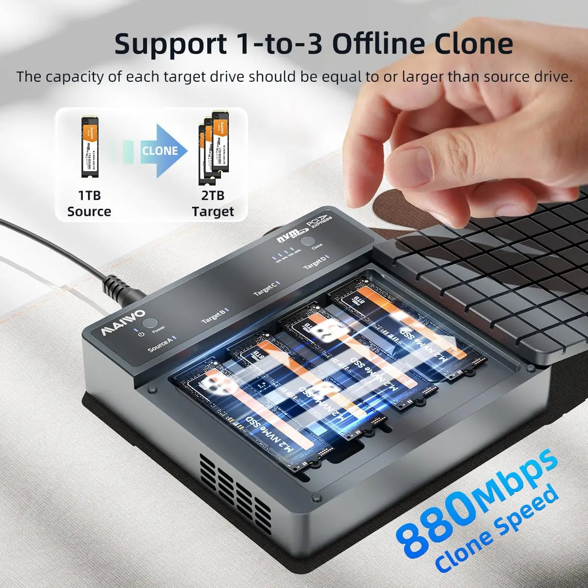 MAIWO 40Gbps M.2 NVMe SSD Enclosure 4 Bay m2 nvme ssd Adapter for M.2 To Type-C 4.0 32TB Hard Drive Case Support Offline Clone