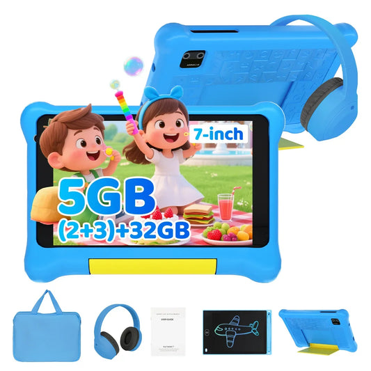 7" Kids Learning Tablet Bundle Writing Board Drawing Tablet Headphones Stylus Bag Parental Controls Android13 Quad Core 5GB+32GB