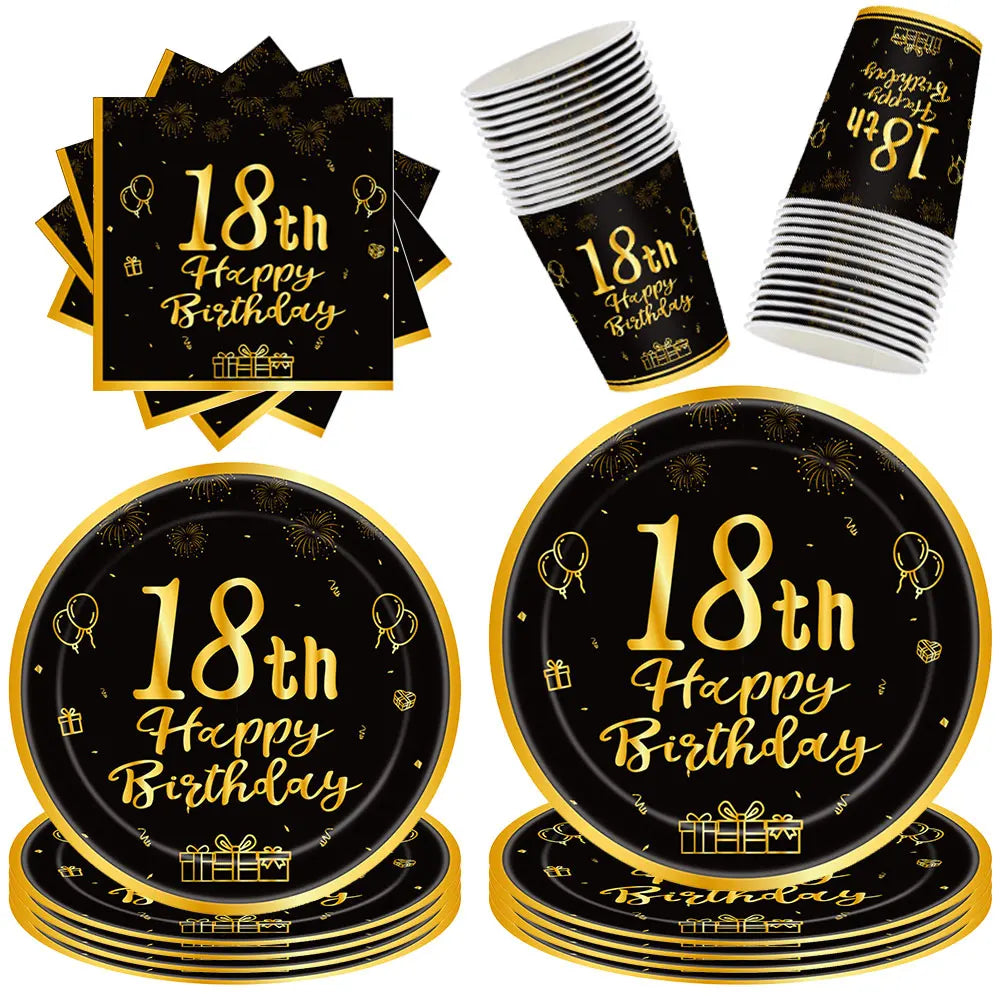 18th Birthday Party Decorations Black Plates Tableware Napkins For Kid Boys Girls Happy Birthday 18th Birthday Balloons Supplies