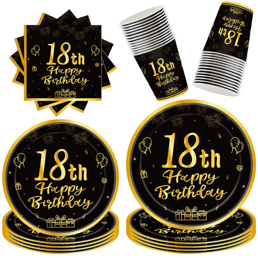 18th Birthday Party Decorations Black Plates Tableware Napkins For Kid Boys Girls Happy Birthday 18th Birthday Balloons Supplies