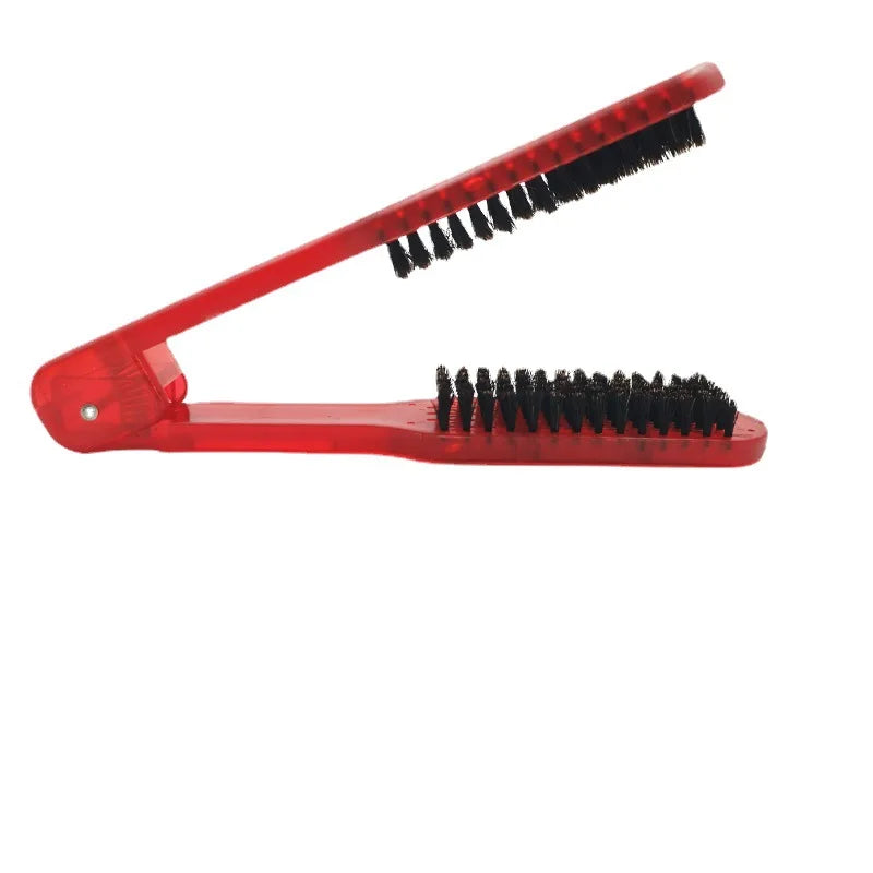 Hairdressing Straightener Hairbrush Nylon Hair Straightening Double Brushes V Shape Comb Clamp