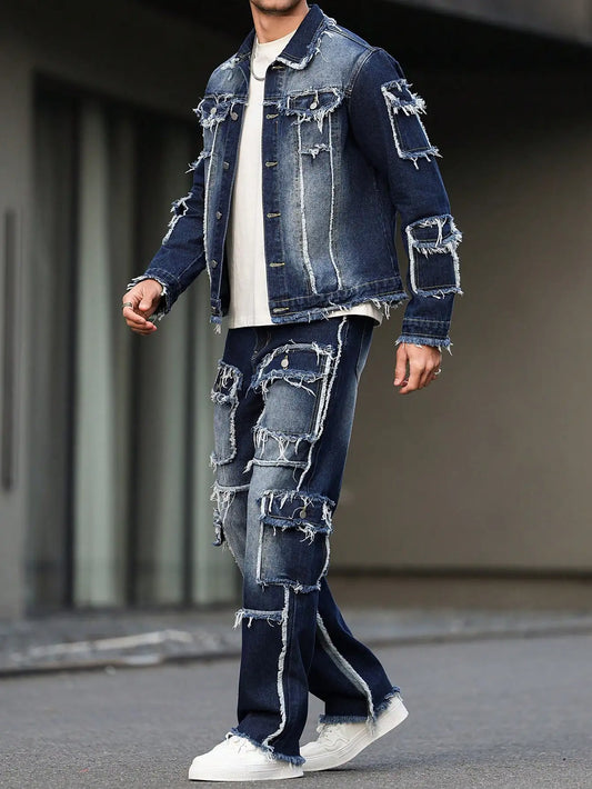 Men's spring and autumn denim suit, multi - pocket design, wide straight - leg pants style