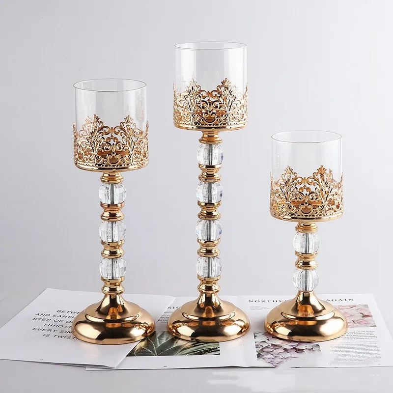 Crystal Glass Candle Holders Luxury Retro Metal Candlesticks, Wedding Party, Christmas Holiday, Desktop Home Decoration, 3 Sizes