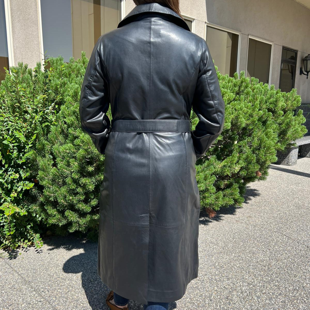 Women's Classic Leather Trench Coat. Double-Breasted Button Closure with Adjustable Belt