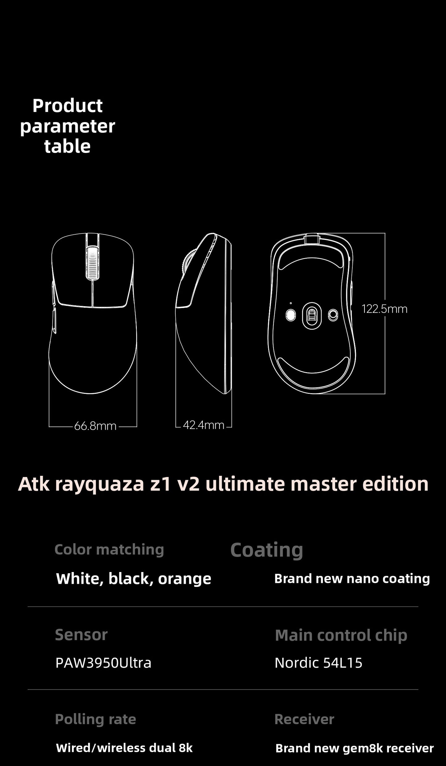 ATK Blazing Sky Z1 V2 Ultimate Wireless Gaming Mouse Dual Model 500mAh Lightweight Dual 8K Low Latency Ergonomics E-sports Mouse