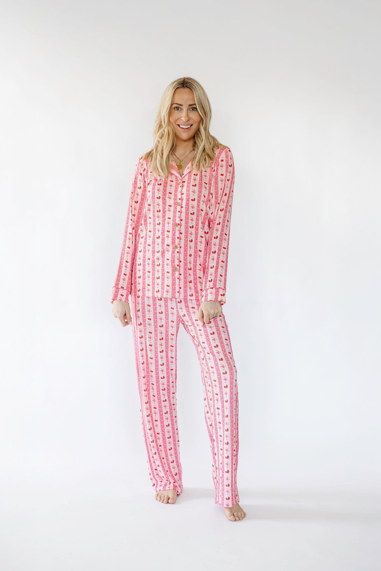 Pink Strawberry & Cherry Bows Adult Button Down Long Sleeve Pajama Top