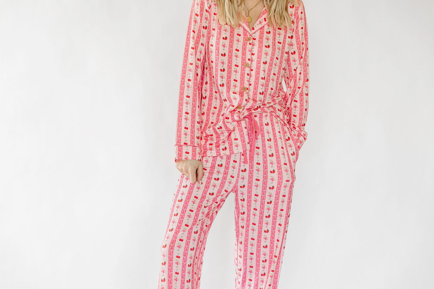 Pink Strawberry & Cherry Bows Adult Pajama Pants